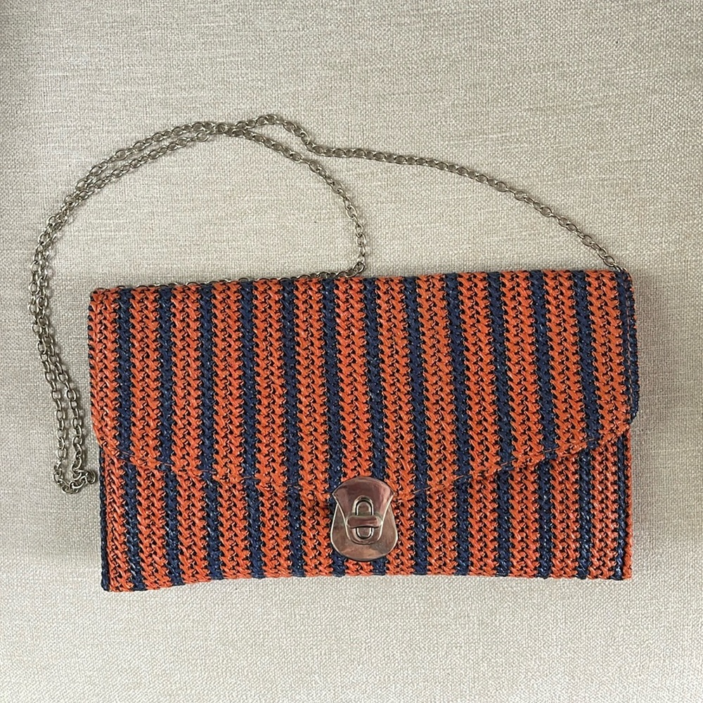 Woven Straw Envelope Crossbody / Clutch, Navy Blue and Orange Stripe